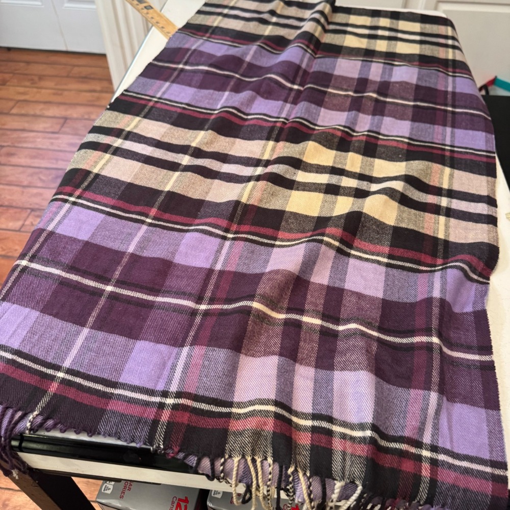 Plaid Scarf Womens One Size Purple Cream Black Fringe Trim Rectangle Wrap